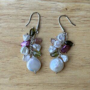 VTG Dangle Earrings 2" Rose Quartz Green Peridot Baroque Pearl 925 Sterling 9.4g